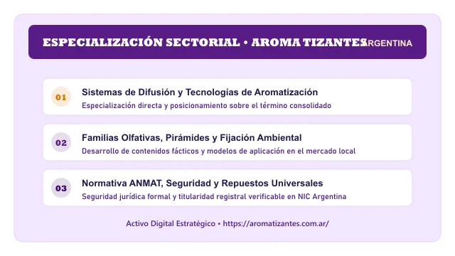 Pilares temáticos y especialización sectorial de Aroma Tizantes en Argentina